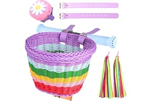 SVNR Kids Bike Basket, Scooter Basket, Handwoven Bike Baskets for Girls and Boys, Cycling Handle Streamers and Bell, Bicycle Baskets with Leather Straps,Easy Install Detachable
