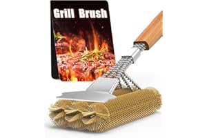 MRUN BONE Barbecue Brush Brass, Grill Cleaning Brush Stainless Steel Scraper, Dense Stainless Steel Bristles, 39 cm Extra Long Wooden Handle, for Gas Grill, Charcoal Grill, Kettle Grill, Electric Grill and Grill Grate.