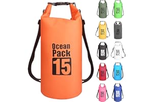 MORAINJAY 15L Bolsa Estanca,Naranja Bolsa Impermeable Bolsa Seca Mochila Estanca con Correa de Hombro Ajustable,2L/5L/10L/15L/20L Dry Bag para Camping,Pesca,Rafting,Ciclismo