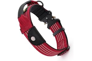 Plutus Pet Tactical Dog Collar with Tracker Packet for AirTag, Adjustable Reflective Nylon Collar, Metal Buckle, Leather-Wrapped Handle, Soft Padded for Medium Large Dogs (Burgundy Red, M)