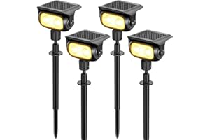 MEEKBOS Faretti Solari LED da Giardino, 4 Pezzi, 200 lm 3000K Luce Calda con Sensore Crepuscolare, IP65 Impermeabili Lampada Solare con Picchetto per Esterno,Giardino, Prato e Vialetti