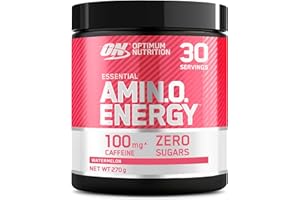 BSN Optimum Nutrition Amino Energy Pre Workout en poudre, boisson énergisante avec acides aminés, BCAA, L-Glutamine et L-Leucine, complément vitamine C caféine, goût Pastèque, 30 portions, 270 g