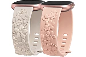 Minyee 2 Pack Floral Engraved Band Compatible with Fitbit Versa 4/Versa 3/Sense 2/Sense Band Women, Cute Embossed Silicone Wildflower Rose Design Soft Sport Fancy Summer Replacement Strap for Versa 4