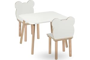 PlayPals Furniture Kindertisch mit 2 Stühlen- Kinder Tisch Stuhl Set aus Holz, 50x 60 cm- Kindersitzgruppe,natürliche Sitzmöbel für Kinder- Kinderstuhl-Set