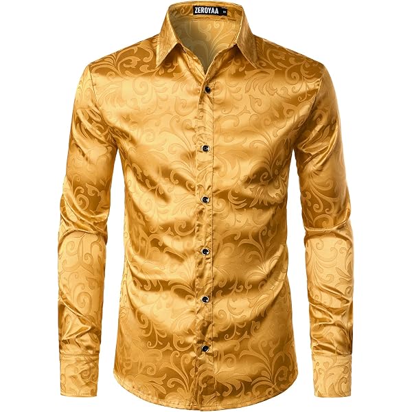 ZEROYAA Men's Luxury Paisley Print Dress Shirt - Gold Shiny Slim Fit Button Down For Parties & Events
