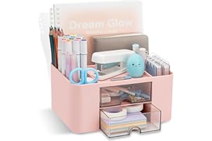 RISEMART Desk Organiser with 2 Drawers, Desk Tidy Organiser with Pen Holder, Large Capacity Desktop Organizer Stationery Storage Box for School Office Home Makeup Desk Supplies (Pink)