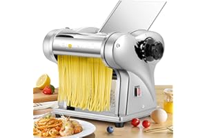 CGOLDENWALL Elektrische Nudelmaschine Frische Edelstahl-Teigausrollmaschine mit 2 Klingen von 1.5 mm Rund, 4 mm Flach und 6 Verstellbaren Dicken für Nudeln/Dumplings/Spaghetti/Ravioli