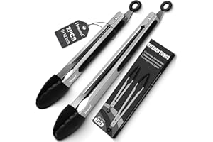 Hmeuest Kitchen Tongs, 9 & 12 inch Silicone tip Tongs, Non Slip & Stainless Steel Tongs Kitchen for Cooking, Salad, Pasta, BBQ, Serving (Black, 2 pcs)