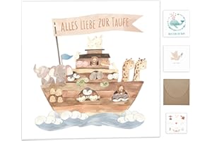 LEGEZON Taufgeschenke für Jungen Mädchen Patenkind, Karte Taufe mit Umschlag aus Kraftpapier,Hochwertig Taufkarten mit Taufe Sticker Deko, Glückwunschkarten zur Taufe Arche Noah, Geschenk Taufe Klappkarte