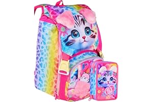 CLONDO School Pack Zaino Estensbile con Astuccio 3 Scomparti, Per Seven Sj Fan, Orecchie Sollevabili Cat&Air, Bambina, Pennarelli, Pastelli, Accessori