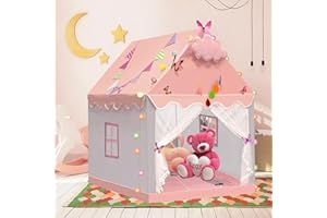 LUBAKED Kinderzelt Indoor mit Sternenlichtern & Matte, Banner, Großes Spielzelt Kinder für Drinnen Spielzelt Bettzelt Zimmer Dekor Innen Außen Lesezelt 130x120x100cm Prinzessin Zelt mit Fenstern Mädchen