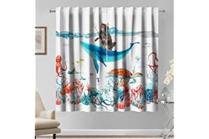Kzzfqxb 117x138cm Cartone animato Tende 2 Pannelli, gatto divertente che cavalca una balena blu con una lancia per finestre, Decorazione fantasia per Cameretta dei Bambini Soggiorno e Asilo Nido