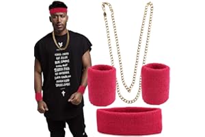 FLOFIA Fascia per il Sudore Polsino Neon Collana Hip Hop Rapper Oro Set Travestimento Costume '80 Anni Vintage Accessori per 1980s per Uomo Donna Festa Carnevale
