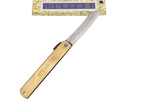 HIGO NO KAMI Couteau de Poche Pliant Artisanal Japonais Higonokami Aogami Warikomi Manche Laiton Acier Bleu Couteau Estampillé Fait Main au Japon par Nagao Kanekoma HRC 62 (Lame 8.5 cm)