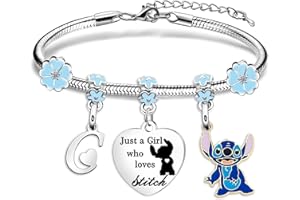 TENVAVA Stitch Gifts for Her Just A Girl Who Loves Stitch Silver Pendant Bracelet with Initial Letter for Women Girls Birthday Christmas Stitch Jewellery Stuff Gifts for Stitch Lover Stitch Fans