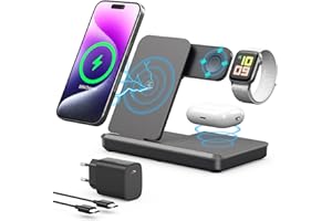 AOWIN Induktive Ladestation für Apple Watch und iPhone, Kabelloses Ladegerät 3 in 1 Wireless Charger Kompatibel mit iPhone 16 15 14 13 12 MagSafe Gerät, Apple Watch Serie, AirP0ds Pro 3 2 (Schwarz)