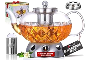 Pykal Théière en Verre avec Infuseur Amovible - 1.5L - Réchaud à Bougie Inclus - Theiere Transparente en Forme de Diamant pour Thé Vrac ou Fleurs - Bouilloire en Verre