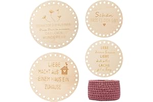 YUFFQOPC 4 Stück Korbboden Zum Häkeln, 15/20cm Rund Holzboden für Häkelkorb mit Text & Bildern,Naturholzkorbboden für Korb DIY Webbedarf Kunsthandwerk Heimdekoration
