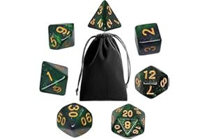 PUEDNO Polyhedral RPG Dice, 7PCS Polyhedral DND Dice Set with Dice Bags for Dungeon and Dragons D&D MTG Role Playing Card Table Games (Starry Black Green)