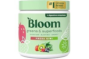 BLOOM NUTRITION Bloom Superfood Mujer Fresa Kiwi con probióticos, enzimas, espirulina y chlorella. Apoya salud intestinal, energía, desintoxicación y anti-bloating. 25 porciones para smoothies.