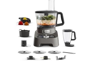 Moulinex Double force Robot Multifonction, 1000 W, Blender polyvalent 2L, 10 accessoires, 31 fonctions, Hachoir, Râpes, Presse-Agrumes, FP825E10