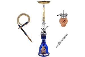 Al Fakhir Traditionell Shisha Vattenpipa 70 cm – Handgjord i Guldmässing, Blå Glasbas, Skinnslang, Lerskål + Värmehanterare
