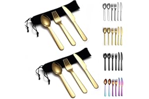 Evanda złote sztućce kempingowe, 2-pak, w zestawie łyżka widelec, tytanowe złoto, sztućce podróżne ze stali nierdzewnej z czarną kieszenią, na zewnątrz, piknik, kemping, podróże, można myć w zmywarce