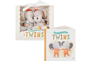 Tickle & Main, Coffret Cadeau "We are twins" pour Bébés et Tout-petits Jumeaux, Livre Souvenir et Lot de 2 Hochets Éléphant en Peluche pour Garçons et Filles