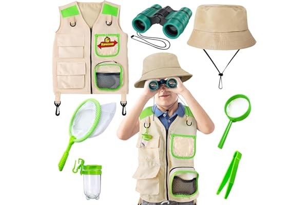 Kit d'exploration pour enfants avec gilet de safari, chapeau et jumelles pour enfants, équipement de camping avec kit d'exploration de piège à insectes, excellent