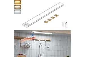 LOUBOUT Reglette Led Cuisine 30cm, 56 LED 1 pièces Led Sans Fil, 3 Couleurs Temps & Dimmable Lampe de Placard, 2200mAh USB-C Rechargeable Led Cuisine Sous Meuble Veilleuse pour Armoire, Escalier