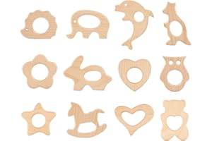 Mordedor de Animales de Madera, Sterneer 12 Piezas Juguete de Dentición, Natural Forma Linda Anillo de Dentición de Madera Sonajero para Recién Nacidos