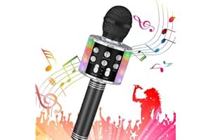 Fauxpont Micrófono Karaoke Bluetooth,5 en 1 Portátil USB Micrófono Inalámbrico Karaoke Micrófono Niña con Luces LED,Niños Canta Partido Musica,Regalo Niños Compatible con Android e IOS (Negro)