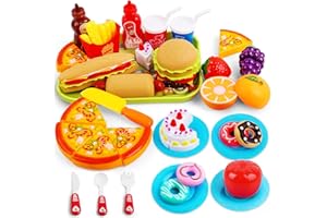 Hanmulee Pretend Play Food, 33PCS Cutting Toys with Pizza Hamburger Cake and Fruits Kitchen Play Set, Educational Role Play Toys for Kids Toddlers…