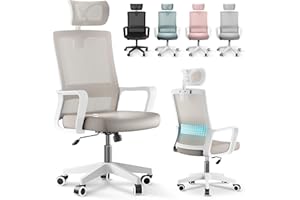 JUPPLIES Silla Escritorio Ergonomica - Silla Oficina Ajustable y Reclinable con Soporte Lumbar, Reposacabezas Ajustable, Malla Transpirable, Ruedas Giratorias 360° Soporta hasta 100kg (Beige)
