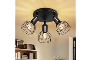 Dehobo Plafonnier Spot Orientable avec Douille E14 - Style Rétro Spots de Plafond - Plafonnier Led Cuisine 3 Spots Noir - Plafonnier Industriel pour Cuisine Chambre Salon, Sans Ampoules