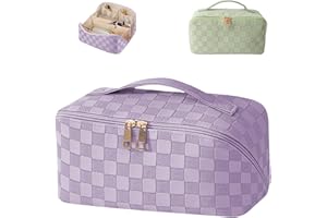 EXSIVEMY Makeup Bag, Pu Leather Waterproof Make Up Bag with Handle and Divider Fashionable Makeup Organiser Bag Portable Travel Makeup Bag Multifunctional Storage Large Makeup Bag for Women Girl (Purple)