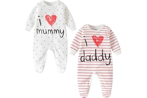 Vaggvisa lager unisex baby sovdräkter 2-pack – I Love Mummy & Daddy bomullsbyxdress – nyfödd till 24 månader baby bodysuits f