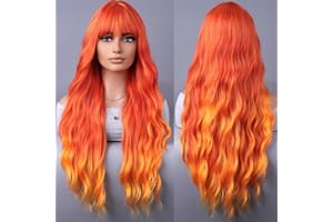YEESHEDO Peluca Larga Naranja Ombre Ondulada Largo Ondas Naturales con flequillo Pelucas para mujer, Color Naranja Fuego Wig para Vida diaria Cosplay Fiestas Halloween Navidad 28" (Naranja Ombre)