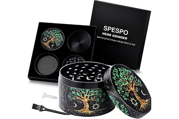 Spespo Grand moulin à épices en métal à 4 couches avec grattoir à pollen (motif arbre) - 63 mm - 63 mm, CH-281Fuco