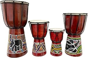 My Family House Painted Djembe - Multicoloured Wood - Hand Carved Musical Instrument - 15 cm