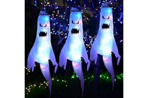 ‎MAXEE Maxee 3 Stück Halloween Beleuchten Geisterform Windsack Flagge Extra mit 3 Stück 3m Bunte Lichterketten, Halloween-Hängedekoration für Hof, Garten, Terrasse, Weg, Party, Spukhaus
