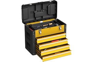 HOMCOM 4 Drawers Large Tool Box, Powder Coated Steel Toolbox with Top Tray, Mini Parts Boxes, Ball Bearing Runners, Handle, Heavy Duty Tool Chest for Workshop, Garage, 497mm x 253mm x 407mm, Yellow