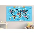 Edenpack World Map Poster for Children Large Illustrated Colourful Wall Map Poster for Kids with Countries and Animals Kids Educational Room Poster Decoration 76 x 43cm (World Map - Continents)