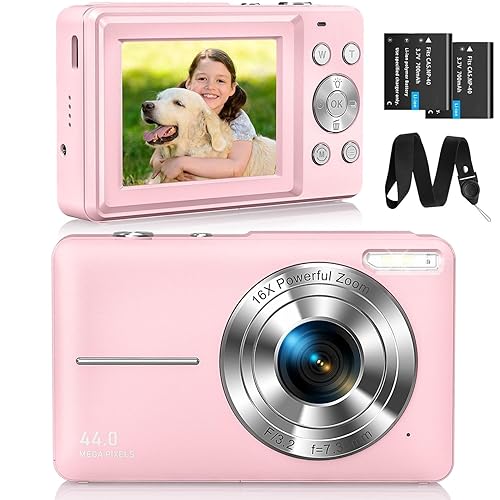 CAMKORY Digital Camera FHD 1080P 44MP Compact Camera 16X Digital Zoom Camera Small Easy to Use Selfie with 2 Batteries for Children Beginners Girls
