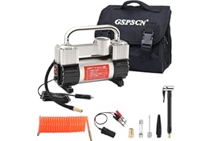 GSPSCN Silver Tyre Inflator Heavy Duty Double Cylinders with Portable Bag, Metal 12V Air Compressor Pump 150PSI with Adapter for Car, Truck, SUV Tyres, Dinghy, Air Bed etc