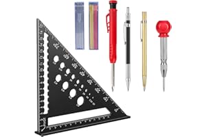 JEEJINYAN Zimmermannswinkel Set, Multifunktional Zimmererwinkel 18 cm Anreisswerkzeug für Holz inkl Metall Messwinkel Werkzeug-Set Tieflochmarker Bleistift mit 12 Ersatzmine
