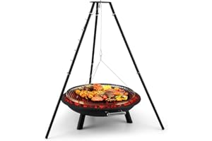 blumfeldt Arco Trino - Black Edition, Feuerschale, 70cm durchmessende Grillrost, extra dickes Stahlblech, Edelstahl, Sicherheitskante an der Grillfläche, hohe Mobilität, schwarz