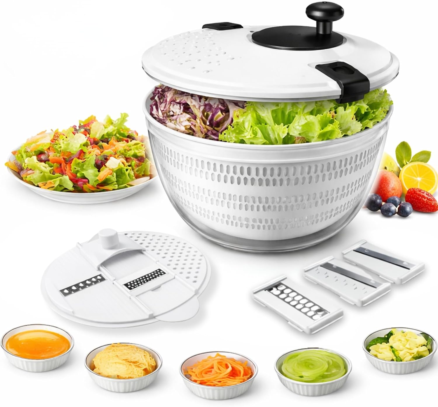 TASTFI - Centrifugadora de Lechuga 5L,Escurridor de Ensalada con Base Antideslizante, Secador de Lechuga BPA Free con Colador y Bol, Incluye Tapa con Cortador de Verduras y 6 Cuchillas Intercambiables