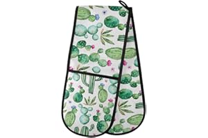 HMZXZ RXYY Double Oven Glove Cactus Cacti Purple Flowers Print Heat Resistant Quilted Cotton Kitchen Oven Mitts Long Oven Gloves for Cooking Baking Grilling Handling Hot Pots Pans