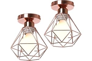 iDEGU Lot de 2 Plafonnier Industriel Vintage Lustre Suspension E27 Rétro Luminaire Design Cage Diamant Fer Lampe de Plafond pour Couloir Salon Cuisine Chambre, Ø16cm (Cage B, Or Rose)